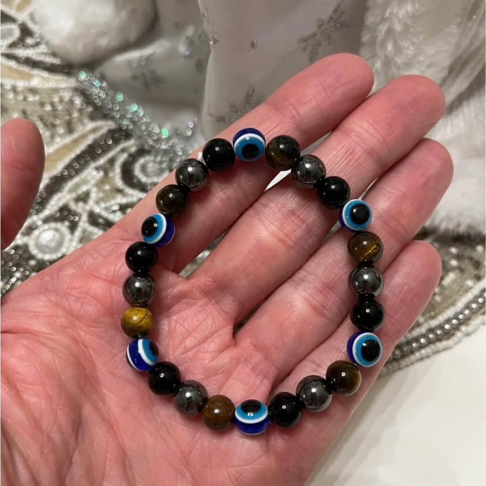 Evil Eye Crystal Beaded Bracelet - Tiger Eye Hematite Obsidian